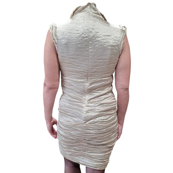 NICOLE MILLER Gold Foil Crimped Party Dress 8 Gathered Low Cut V-Neck Bodycon - Picture 5 of 9
